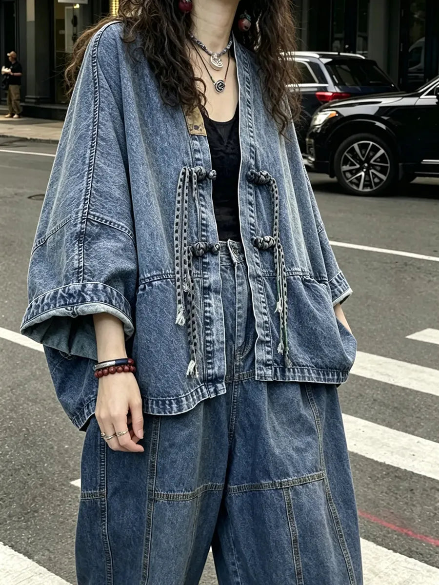 Loose Blue V Neck Button Patchwork Denim Coats Long Sleeve