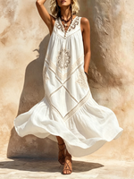 Women's Boho Maxi Dress Elegant V Neck Sleeveless Long Dresses Casual Lace Patchwork Dress