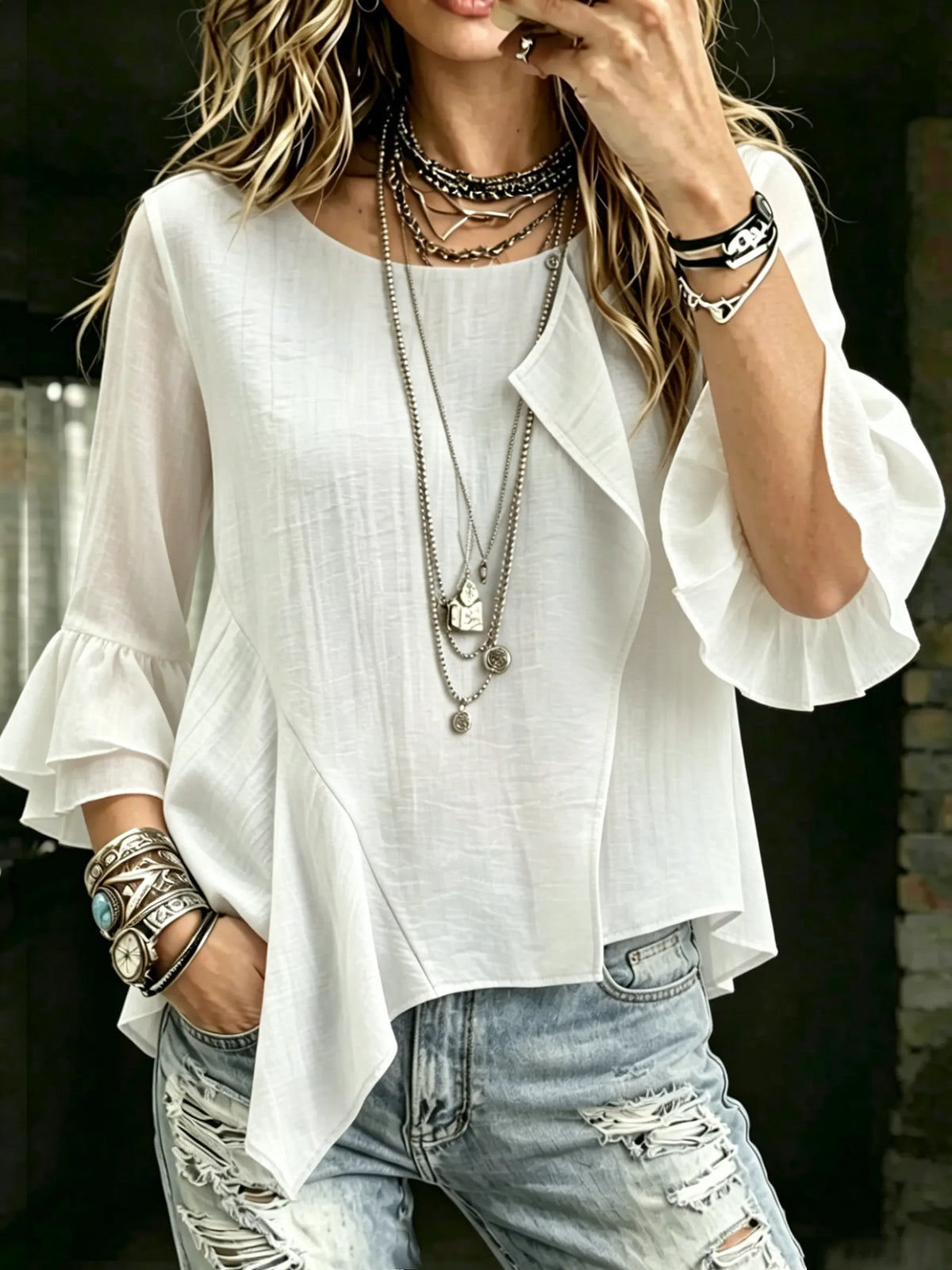 Women's Boho Casual Round Neck Ruffle Hem White Blouse