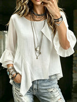 Women's Boho Casual Round Neck Ruffle Hem White Blouse