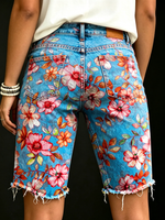 Women's Vintage Blue Floral Art Print Casual Denim Shorts