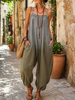 Women’s Summer Casual Cotton And Linen Gradient Color Pocket Jumpsuit