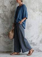 Women's Blue Tone Cotton-linen Casual Striped Set