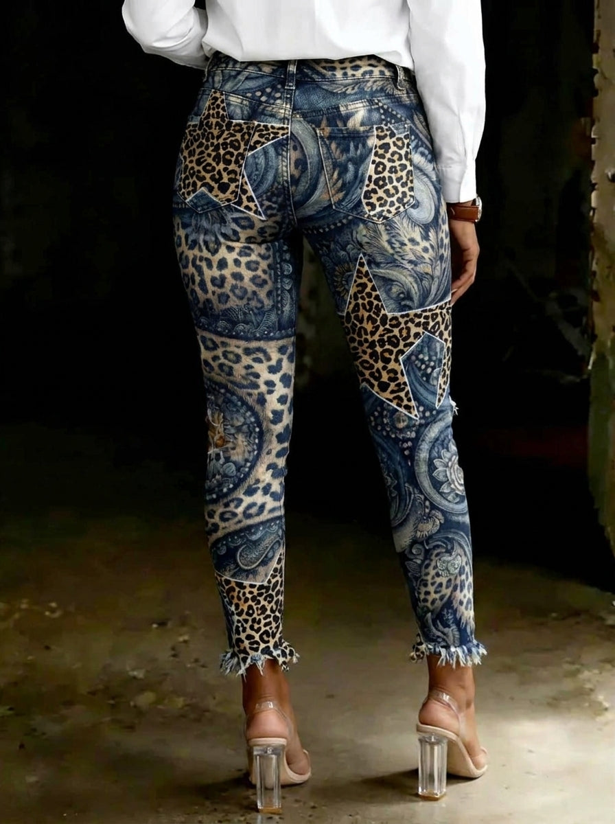 Women's Leopard Print Art Ripped Skinny Jeans