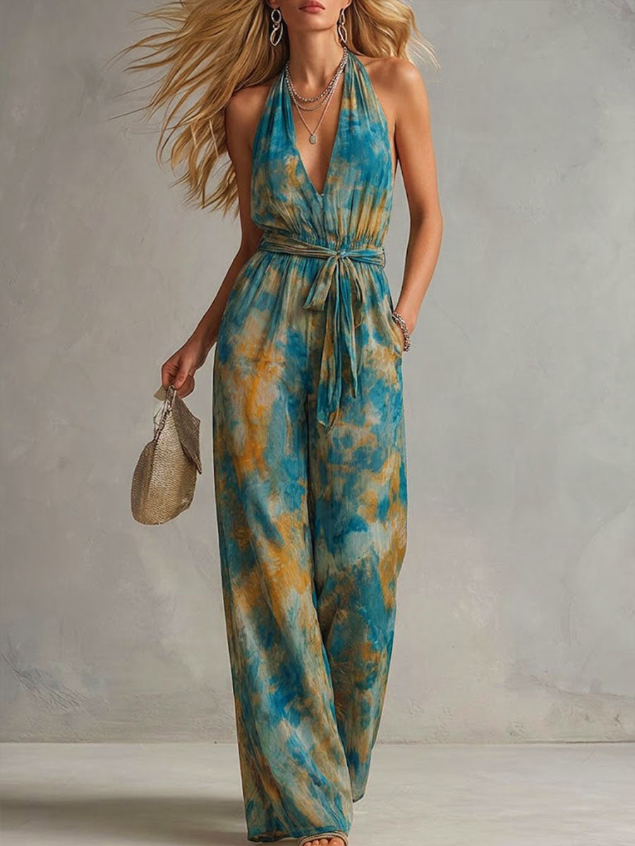 Women's Abstract Print V-neck Sleeveless Casual Loose Wide-leg Jumpsuit