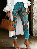 Women's Fashion Casual Irregular Plaid Print Ripped Skinny Jeans