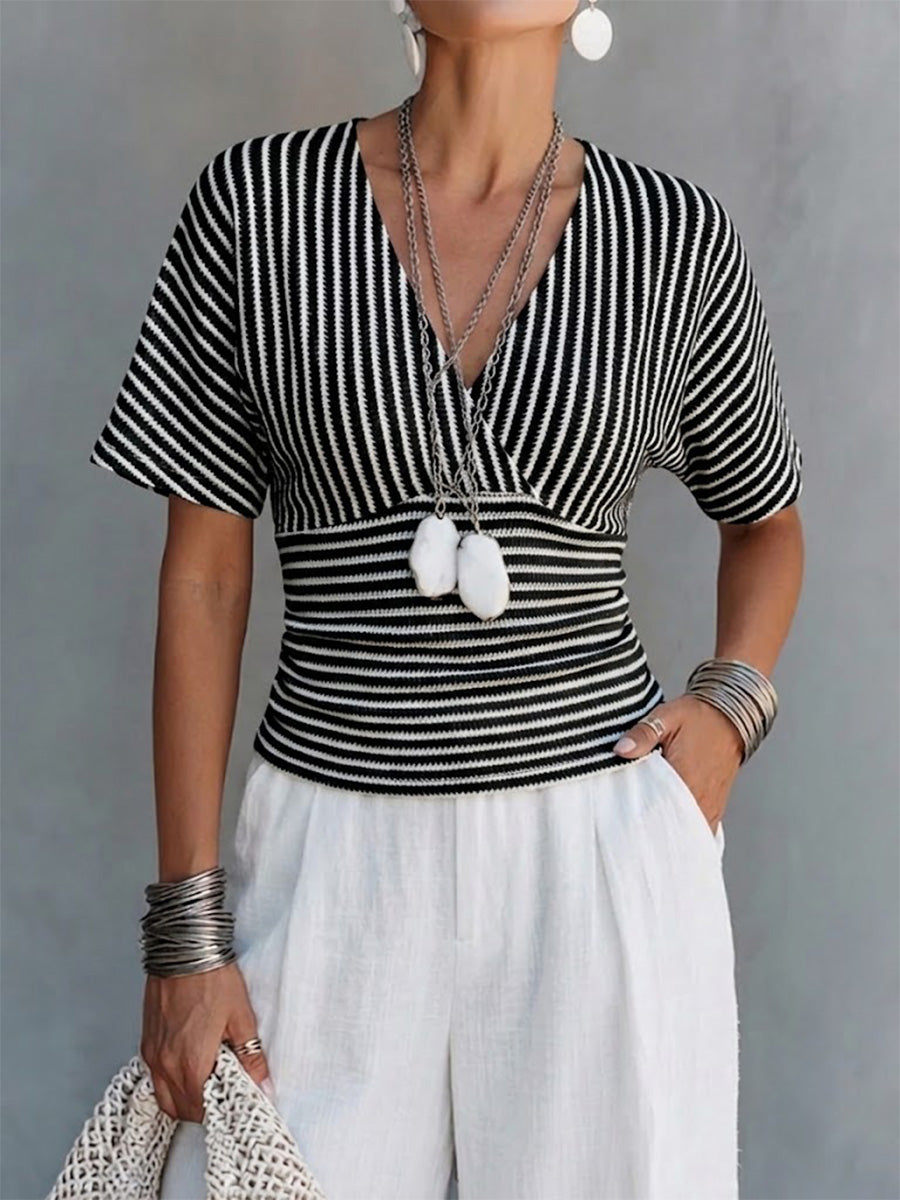 Slimming V-neck Striped Top With Batwing Sleeves And A Fitted Waist