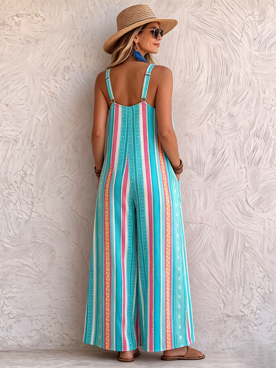 Boho-style Vintage Striped Loose-fit Draped Jumpsuit