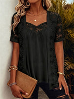 Faux-layered Top Featuring Patterned Lace, Mesh, And Cut-out Detailing.