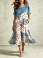 Women's Denim Patchwork Printed Short-sleeve Flowy Maxi Dress