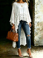 Women's Round Neck Flare Sleeve White Lace Blouse