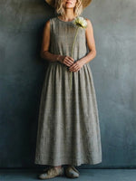Plaid Crew Neck Sleeveless Linen-cotton Dress