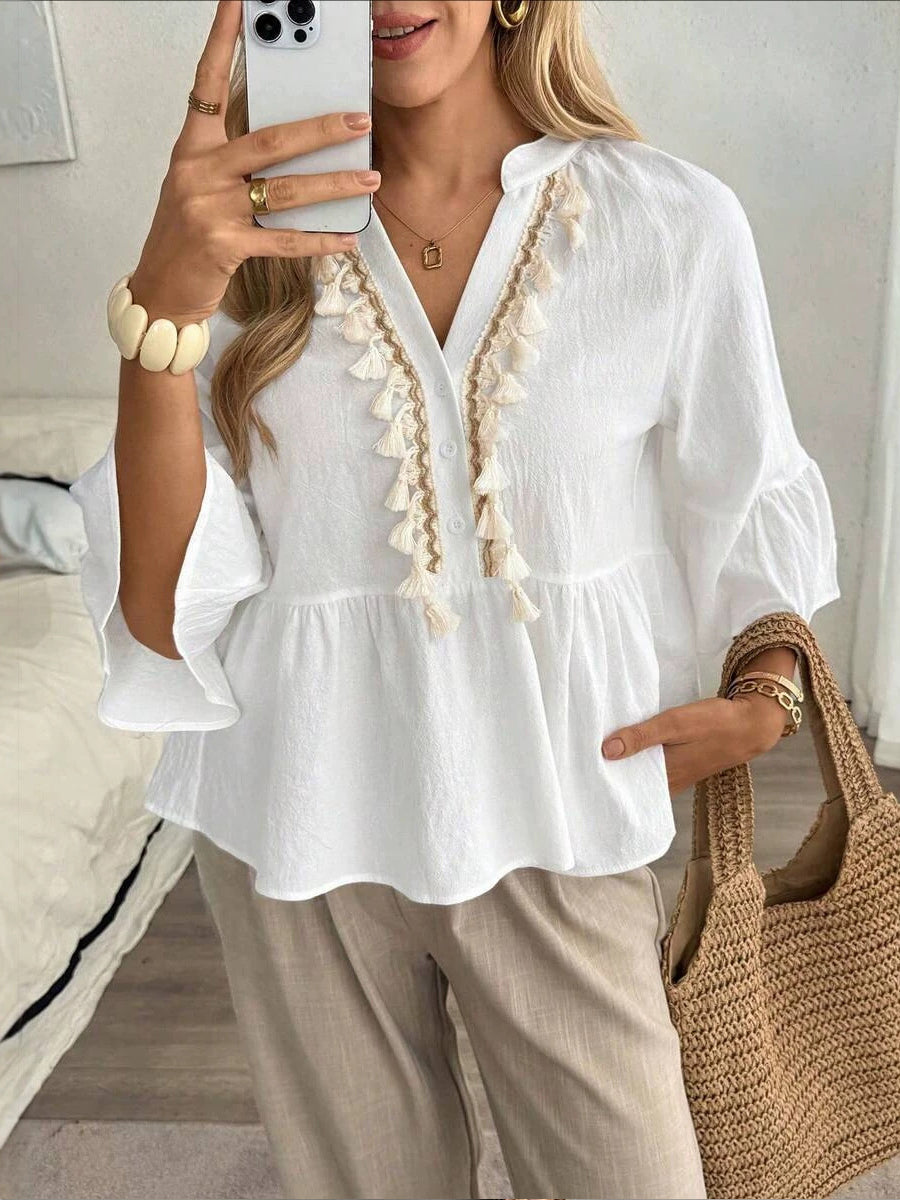 Women's V-neck Button Tassel Tie Top