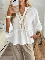 Women's V-neck Button Tassel Tie Top