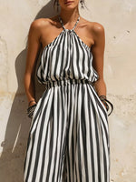 Women's Striped Art Casual Stylish Elegant Sleeveless Cotton Linen Jumpsuit