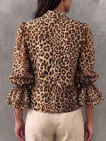 Women's Leopard Print V-neck Long-sleeve Casual Loose Top
