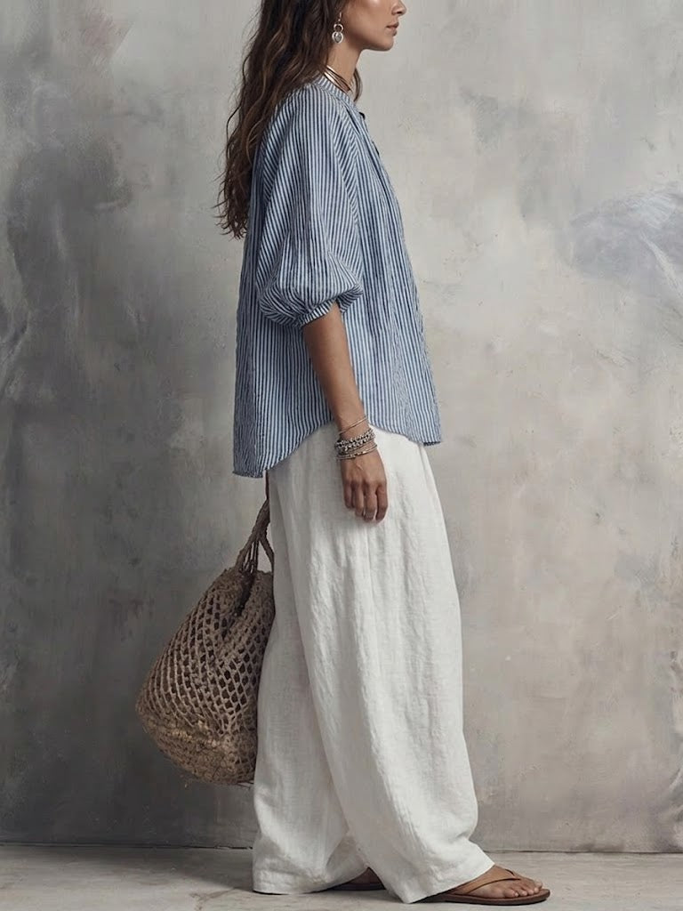 Women's Striped Top And Wide-leg Pants Cotton-linen Set