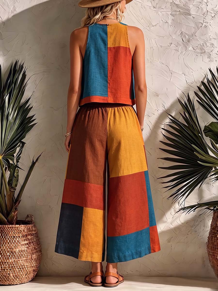 Women's Geometric Print Cotton-linen Set: Sleeveless Round-neck Loose Top & High-waisted Wide-leg Pants
