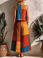 Women's Geometric Print Cotton-linen Set: Sleeveless Round-neck Loose Top & High-waisted Wide-leg Pants
