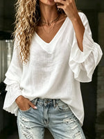 Women's Boho V-Neck Ruffle Long Sleeve Blouse