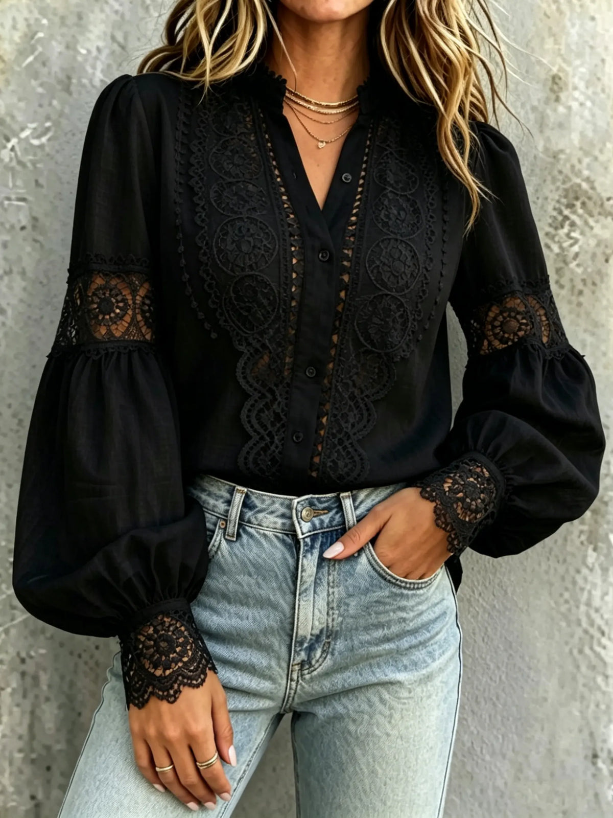 Women's Lace-trimmed Lantern Sleeve Business-casual Shirt
