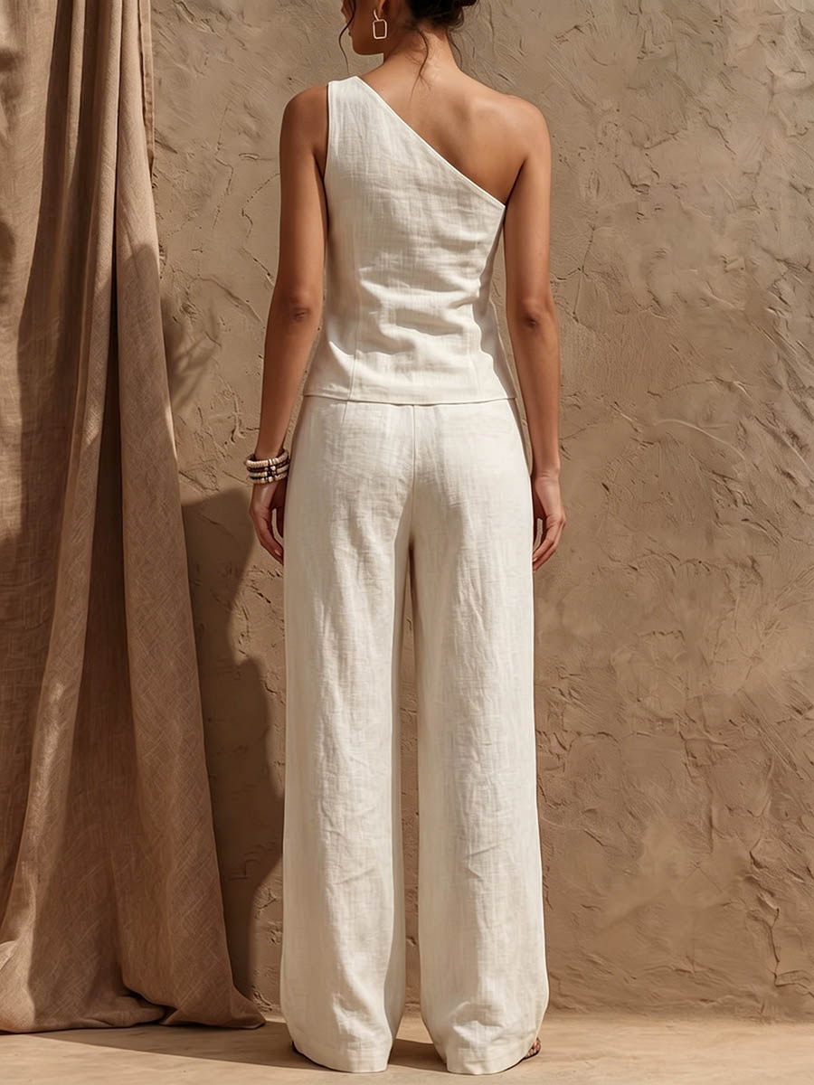 Women's Solid-color Asymmetric One-shoulder Sleeveless Casual Loose Cotton-linen Top And High-waisted Wide-leg Pants Set
