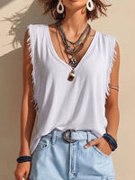 Women's Solid Color V-neck Sleeveless Casual Loose Cotton-linen Top