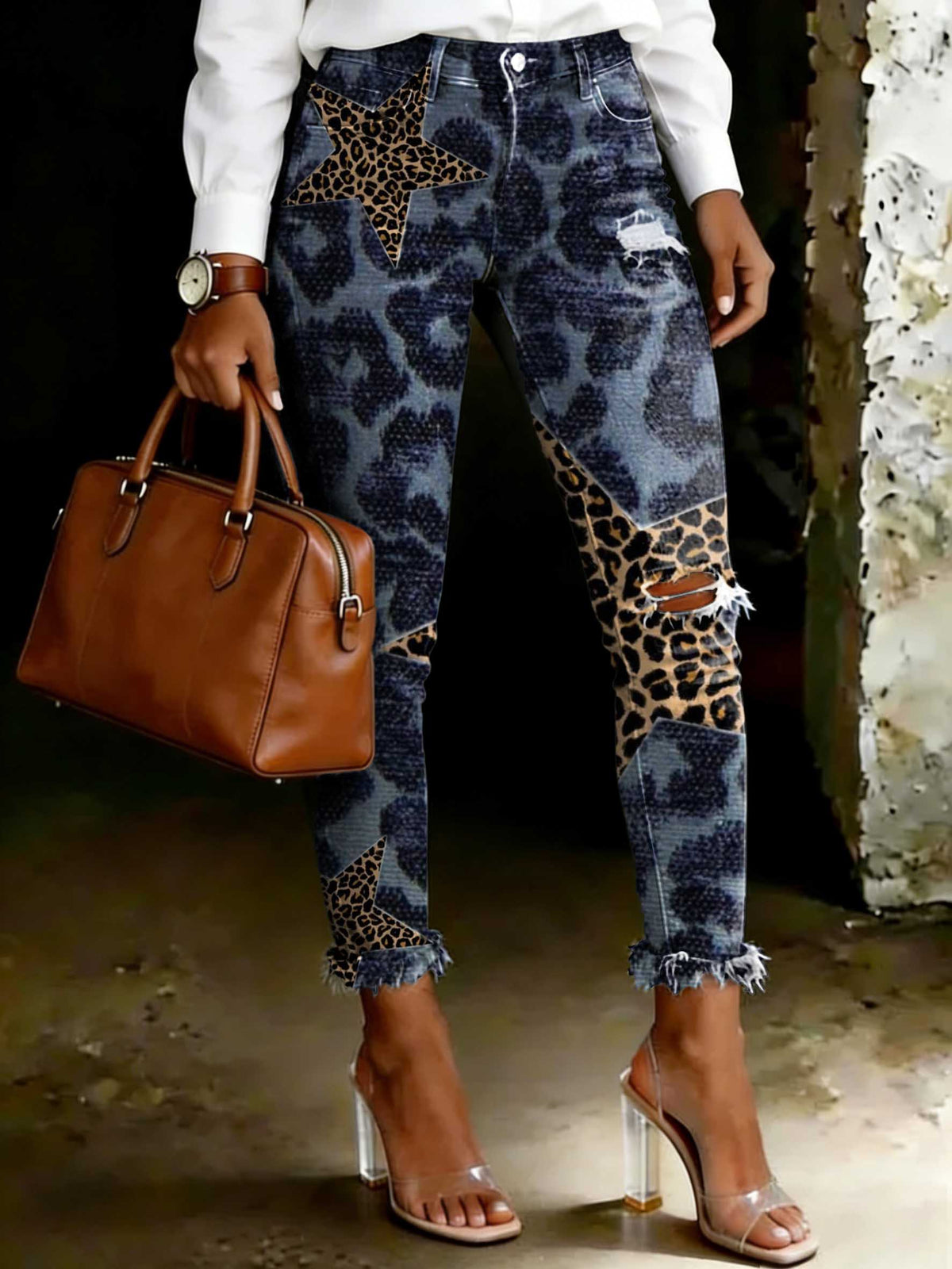 Women's Star Leopard Print Art Ripped Skinny Jeans
