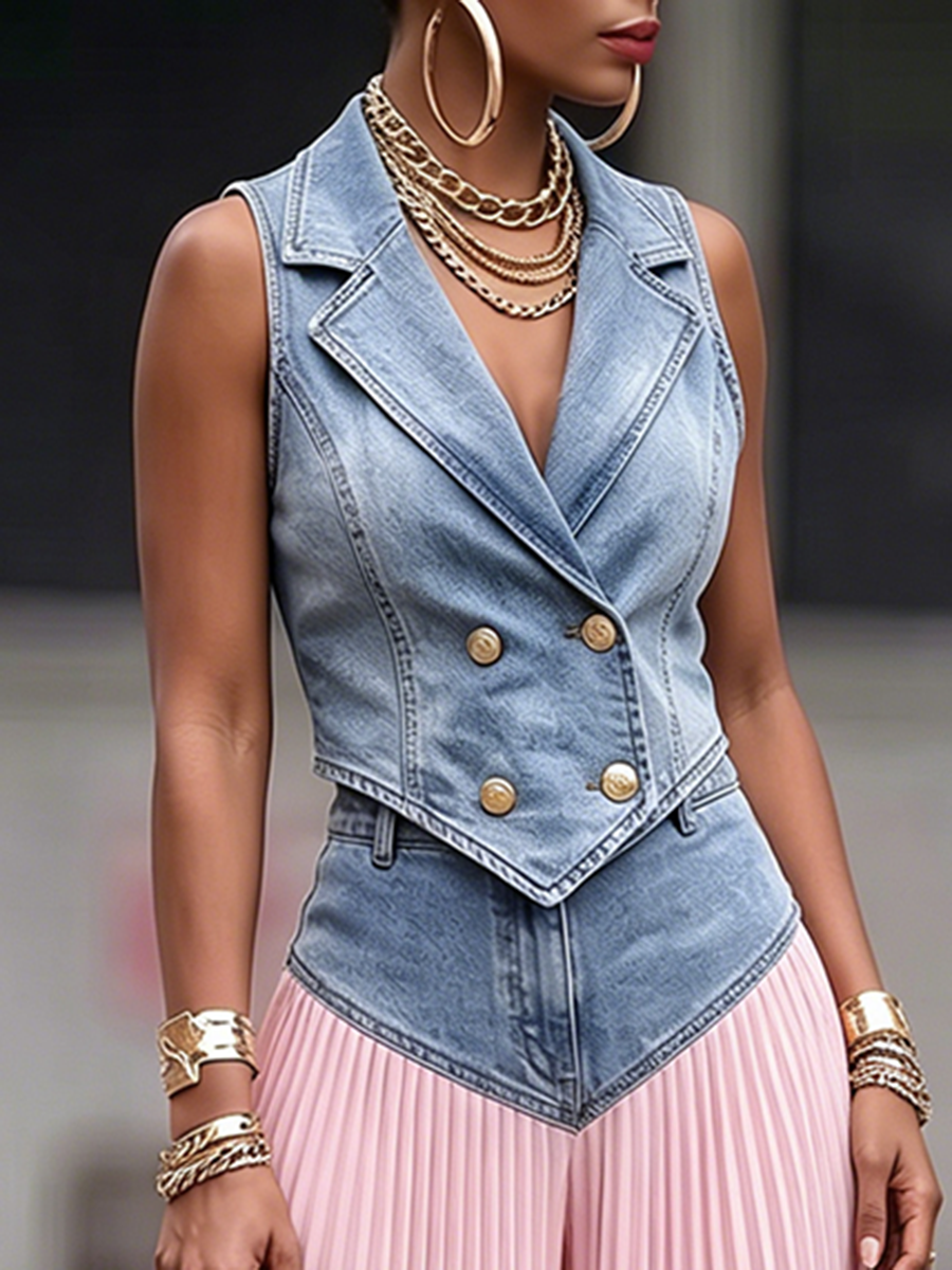 Stylish Denim V-line Waistline Pleated Chiffon Wide-leg Pant