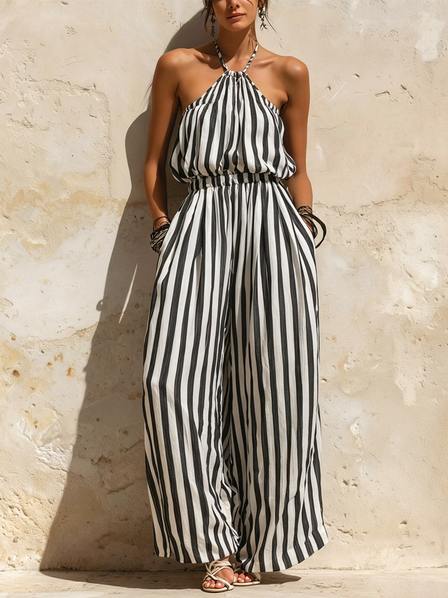 Women's Striped Art Casual Stylish Elegant Sleeveless Cotton Linen Jumpsuit