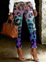 Women's Leopard Print Art Ripped Skinny Jeans
