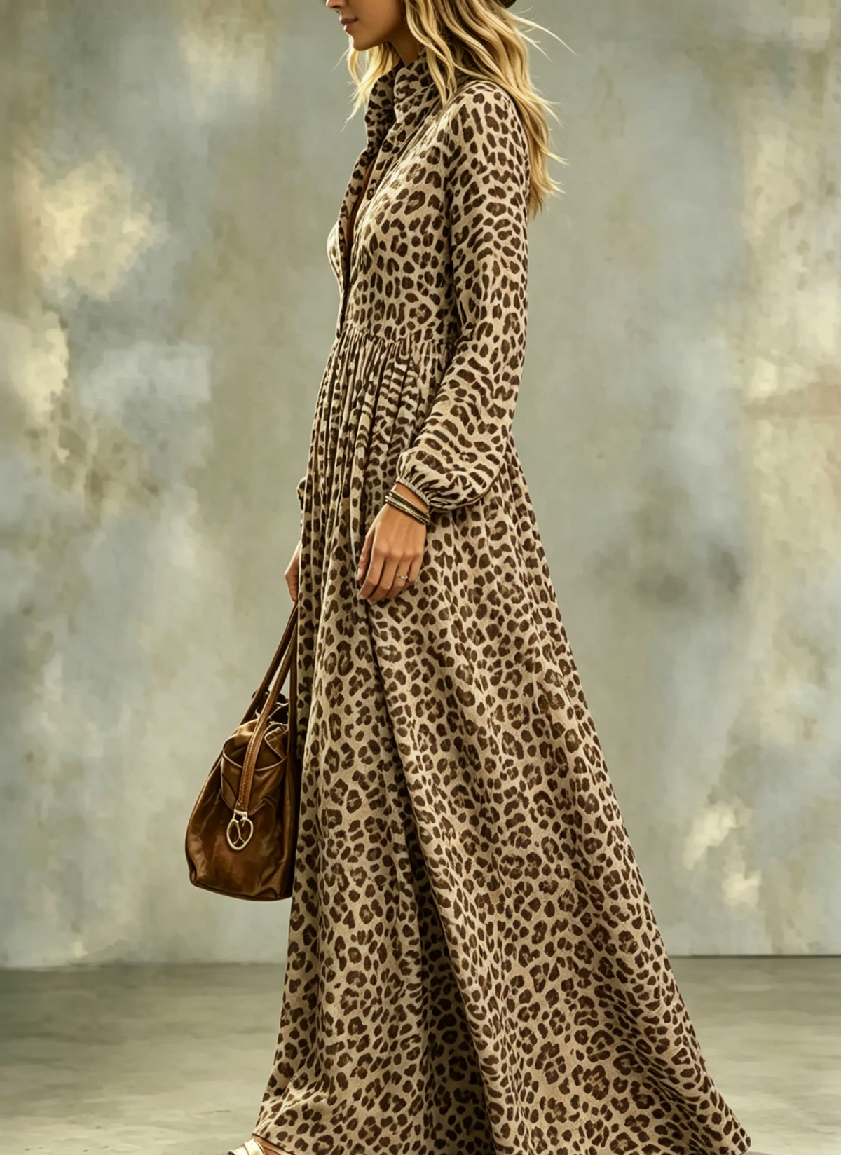 Women's Retro Leopard Turn-down Collar Shirt Dress