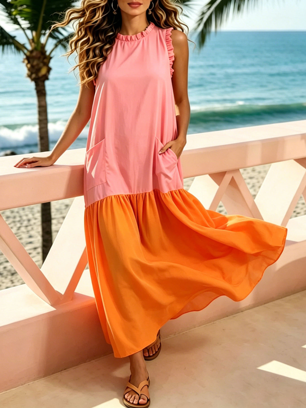 Women’s Summer Vacation Color-block Sleeveless Pocket Cotton Maxi Dress