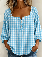 Vintage Square-neck Gingham Cotton-linen Shirt
