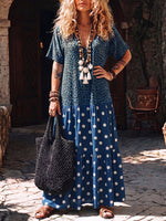 Relaxed Leopard And Polka-dot Patchwork Boho Dress With Pockets
