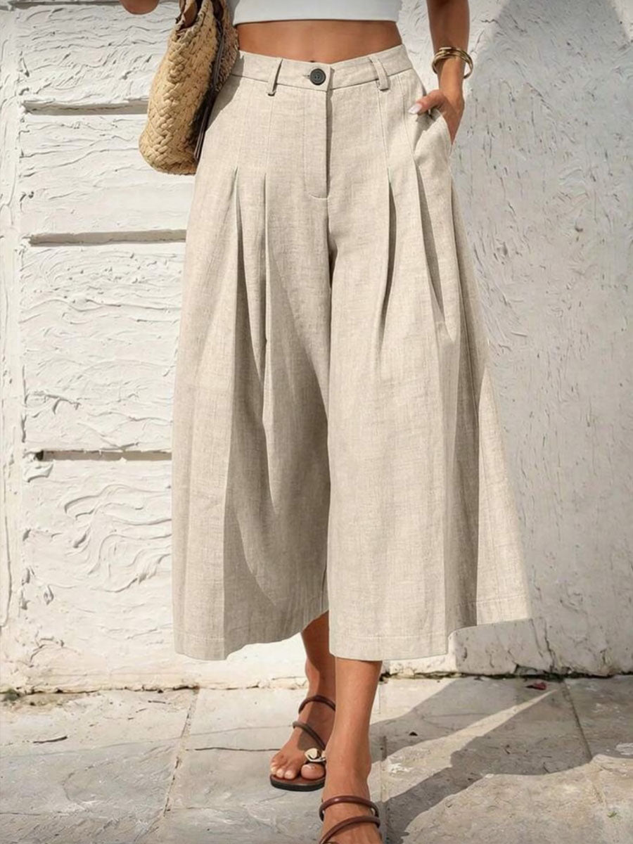 Women's Solid-color High-waisted Loose-fit Cotton-linen Wide-leg Casual Pants