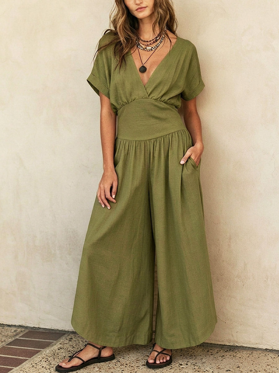 Women's Art Casual Stylish Elegant Short Sleeve Cotton Linen Jumpsuit
