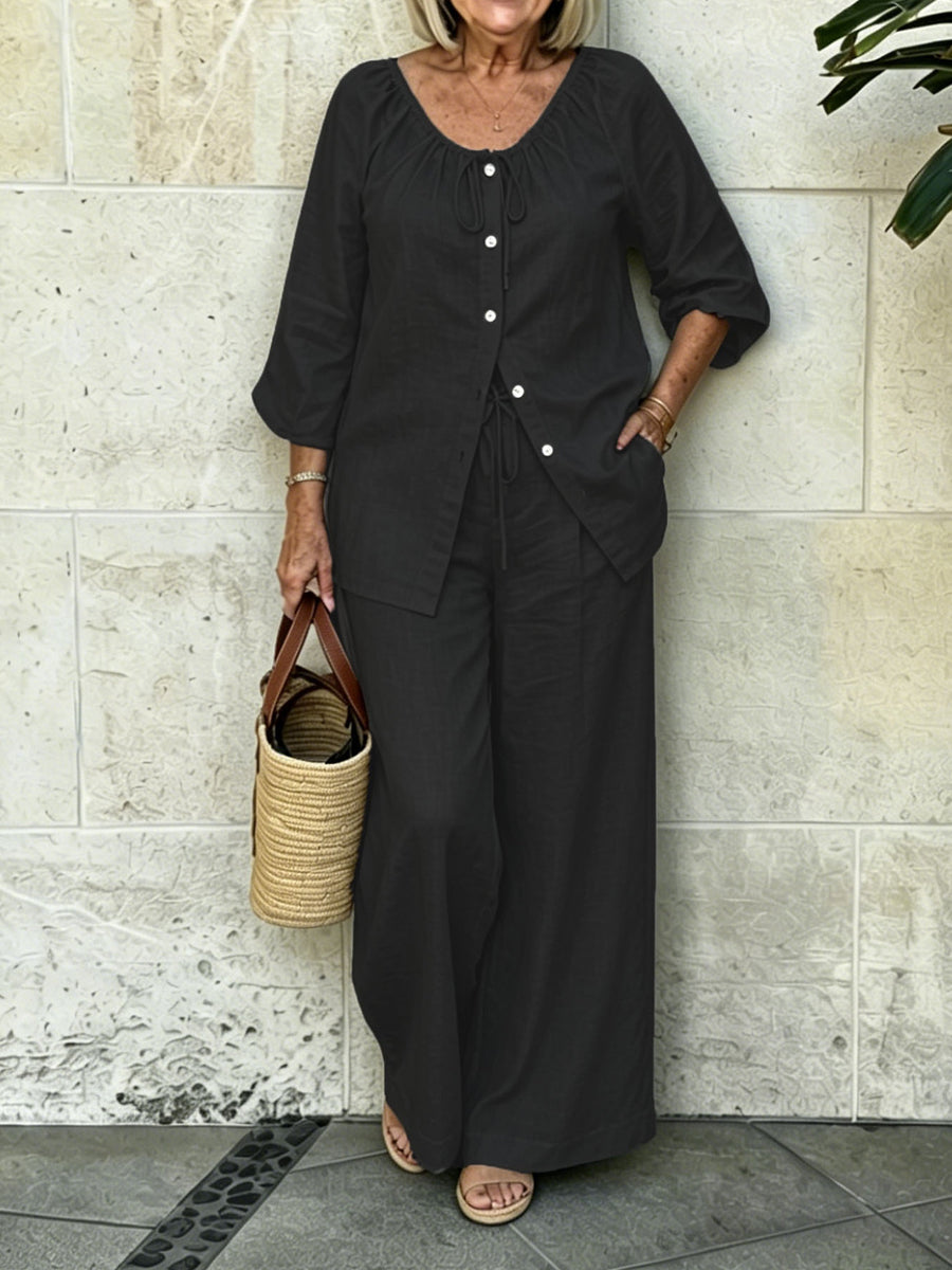 Women's Drawstring Button Top And Loose Casual Pants Two-piece Set