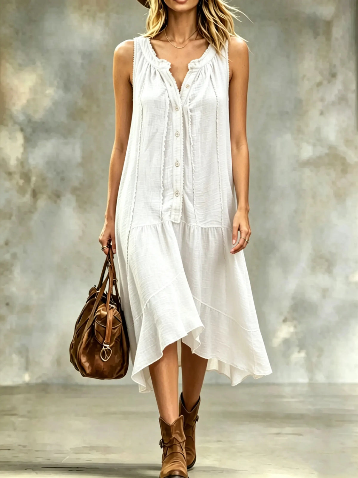 Women's Casual White Sleeveless Dress Button Down Ruffle Tiered Linen Maxi Dresses