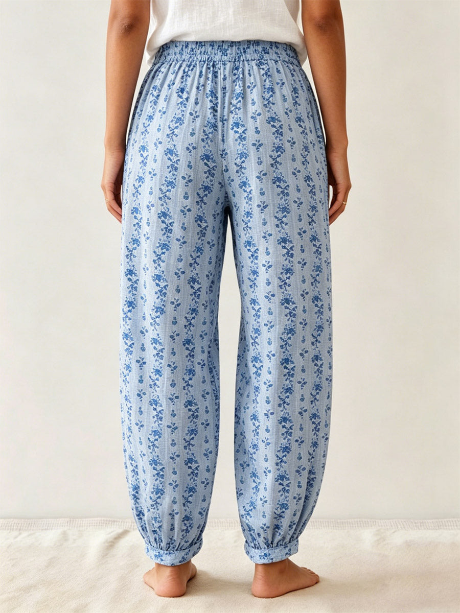 Women's Retro Floral Pattern Art Casual Stylish Cotton Linen Pants