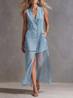 Women's Casual Loose V-neck Sleeveless Denim And Chiffon Patchwork Dress