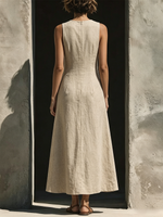 Sleeveless A-line Cotton-linen Maxi Dress With Square Keyhole Neckline
