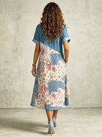 Women's Denim Patchwork Printed Short-sleeve Flowy Maxi Dress