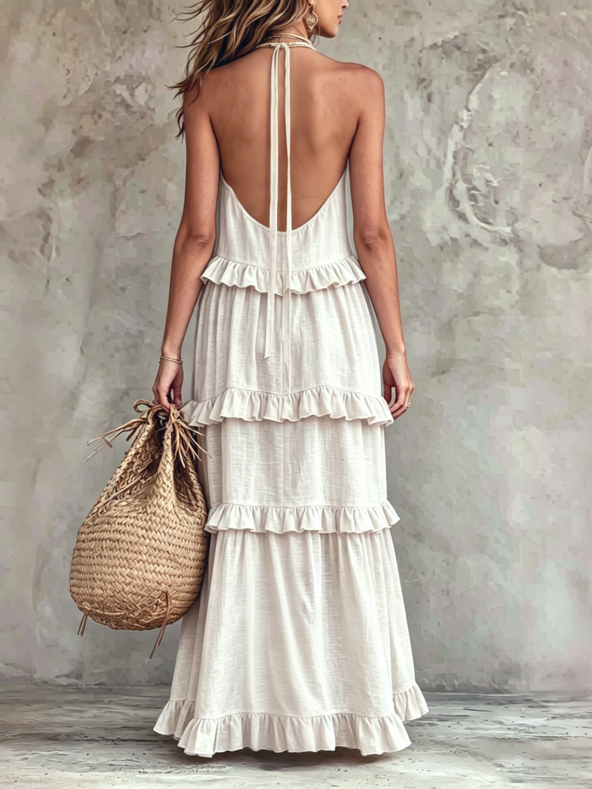 Women's Cotton Linen Boho Halter Maxi Dress Elegant Tiered Ruffle Backless Long Dresses