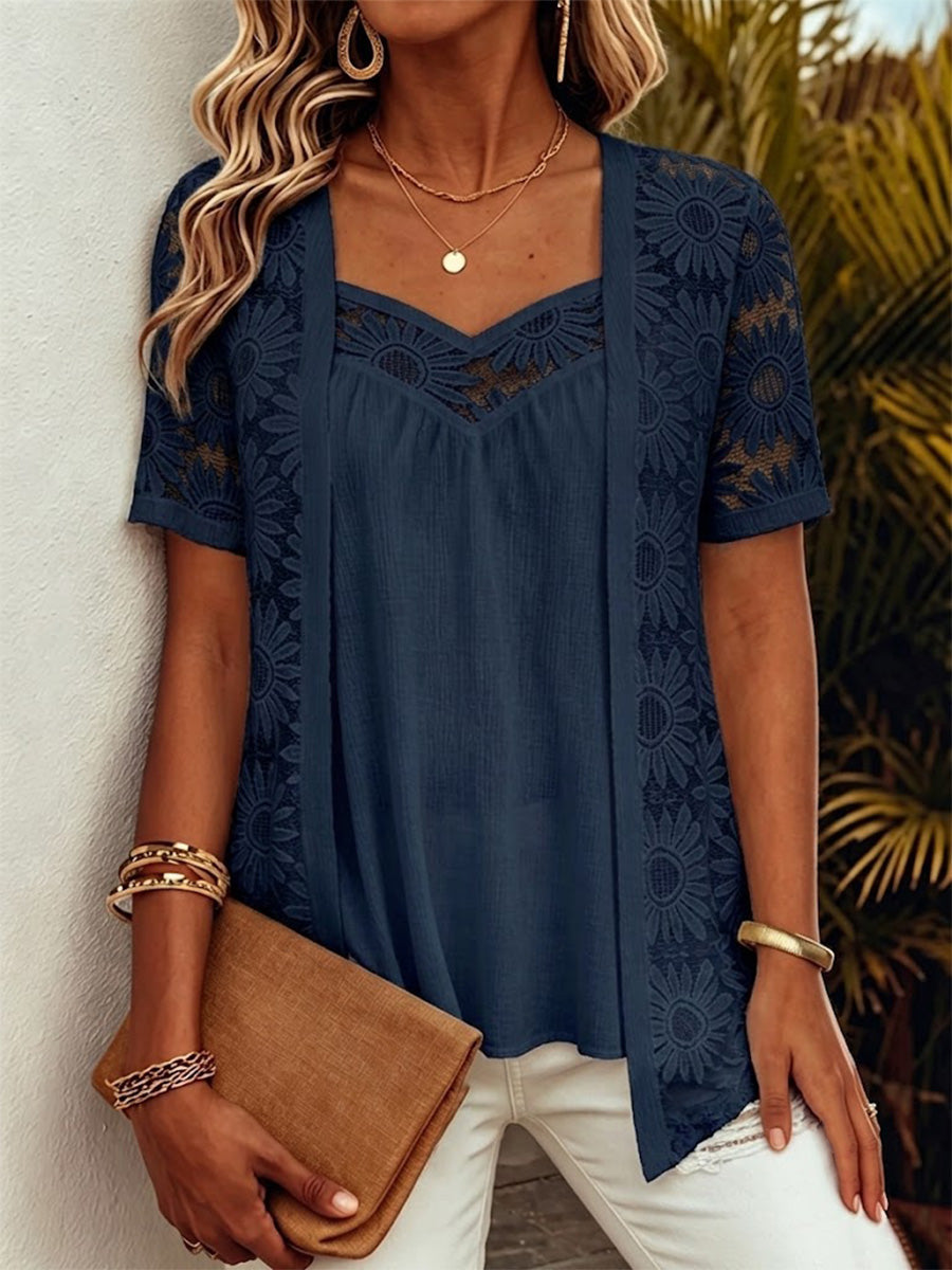 Faux-layered Top Featuring Patterned Lace, Mesh, And Cut-out Detailing.