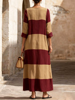 Women's Retro Color Block Art Casual Long Sleeve Maxi Dress