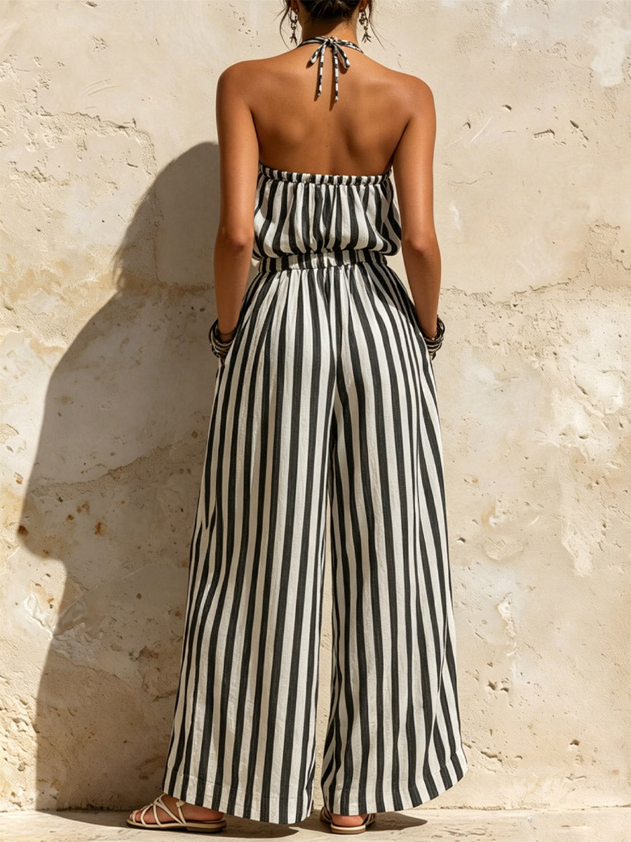Women's Striped Art Casual Stylish Elegant Sleeveless Cotton Linen Jumpsuit