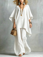 Women’s V-neck Top With Asymmetrical Button Hem Wide-leg Pants Set