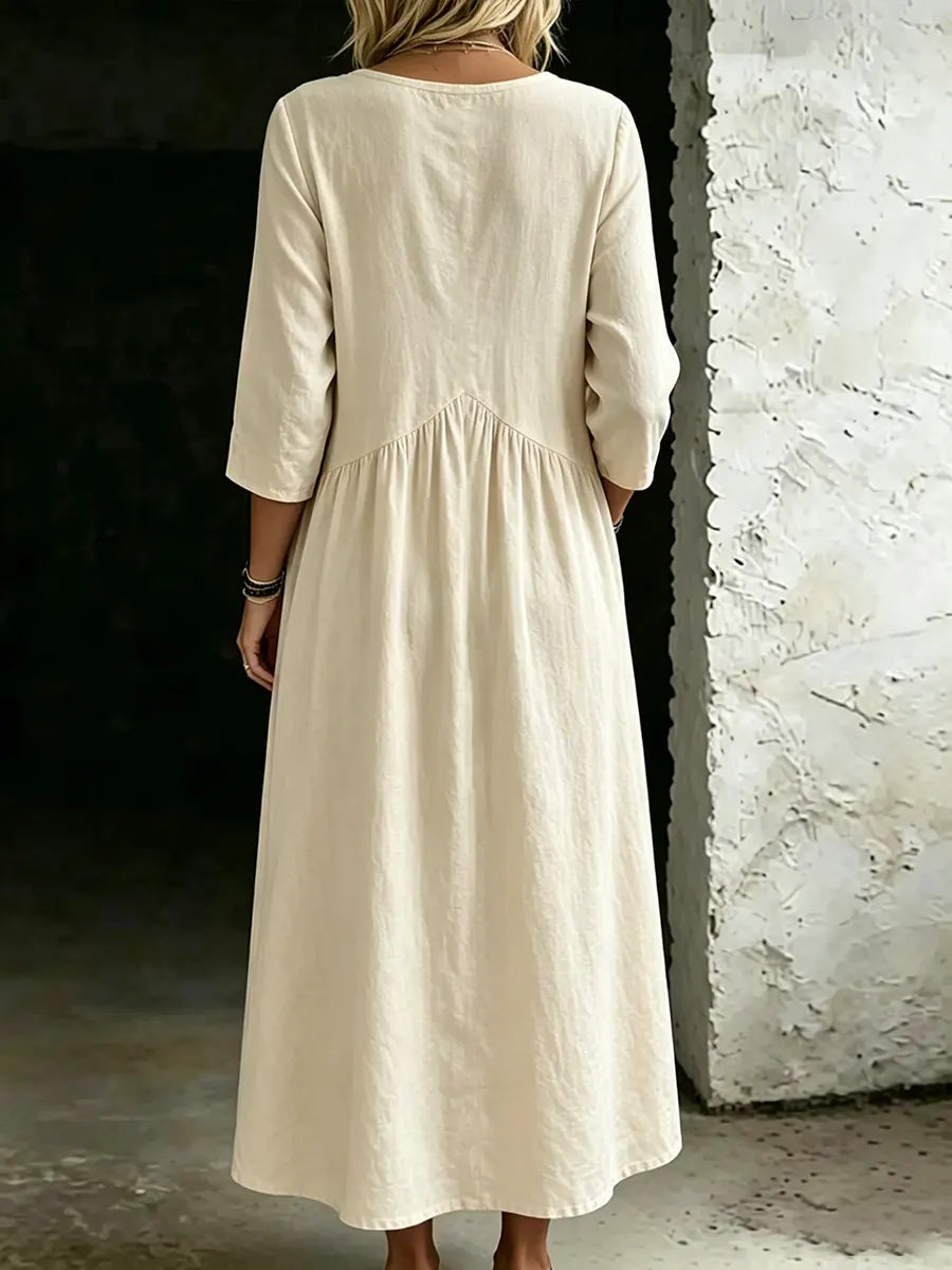 Women's Casual Retro V-Neck Ruffles Cotton Linen Dress