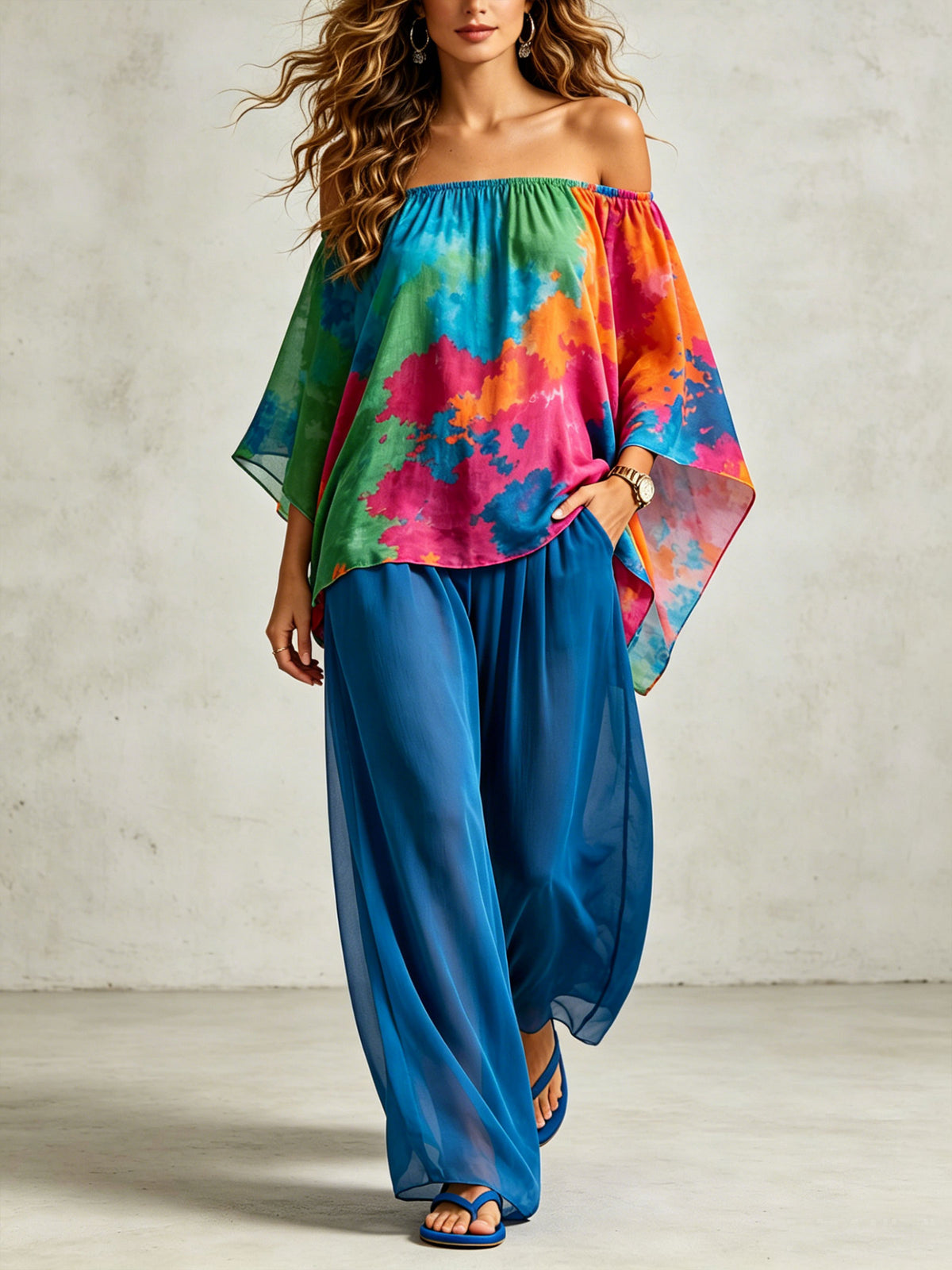 Women‘s Summer Off-shoulder Batwing Sleeve Loose Chiffon Flowy Top And Pants Two-piece Set